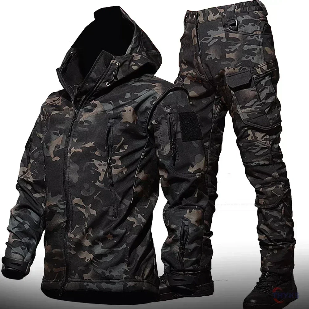 Фото 6XL TAD Тактический мужской охотничий походный костюм для рыбалки, камуфляжный костюм из кожи акулы, охотничья водонепроницаемая куртка с капюшоном + брюки №1