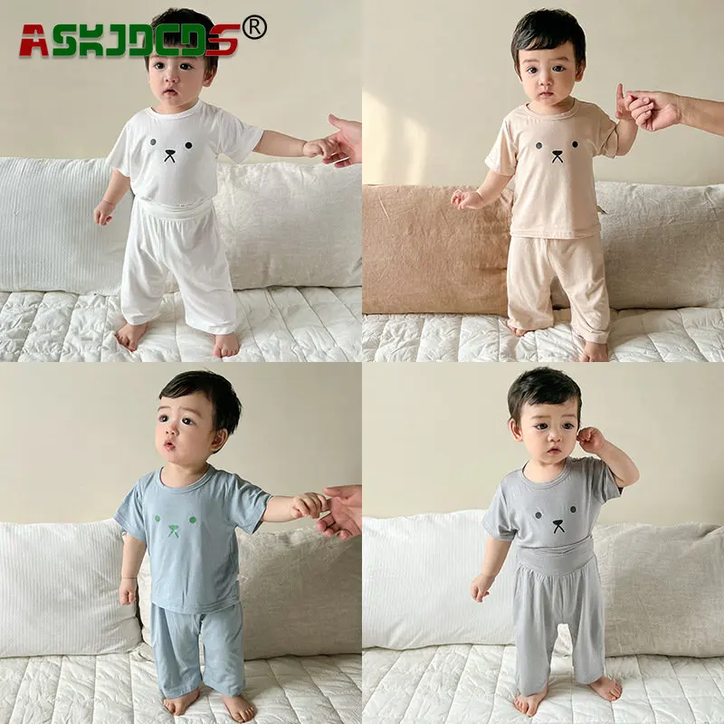 

New in 2023: cute 2Pcs kids Baby Girls Boys Summer Pajama Set Short Sleeve Bear Top Solid Color Pants - Infants Children 3M-6Y