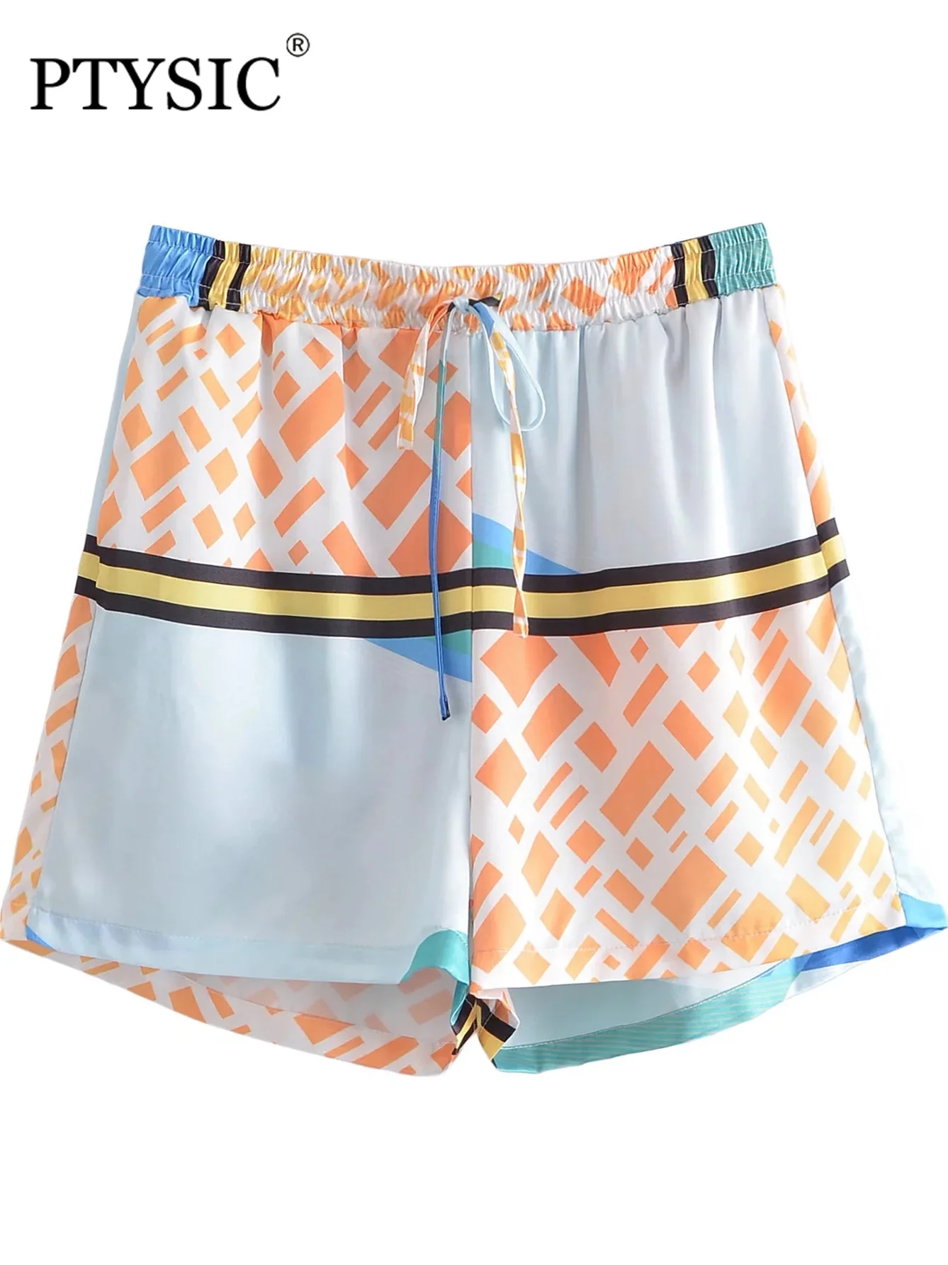 

PTYSIC Women Fashion Geometric Print Patchwork Straight Shorts 2022 New Summer High Waist Zipper Fly Streetwear Casual Pants