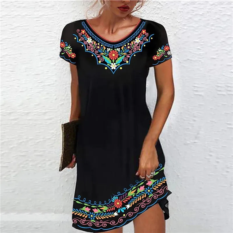 

Vintage Party Dress Summer New Women's Clothing Elegant Casual Loose Round Neck Skirt Short-sleeved Printed Boho Midi Dress