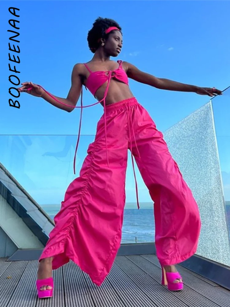 

BOOFEENAA Y2k женские спортивные брюки, модные уличные брюки с завязками, высокой талией и широкими штанинами
