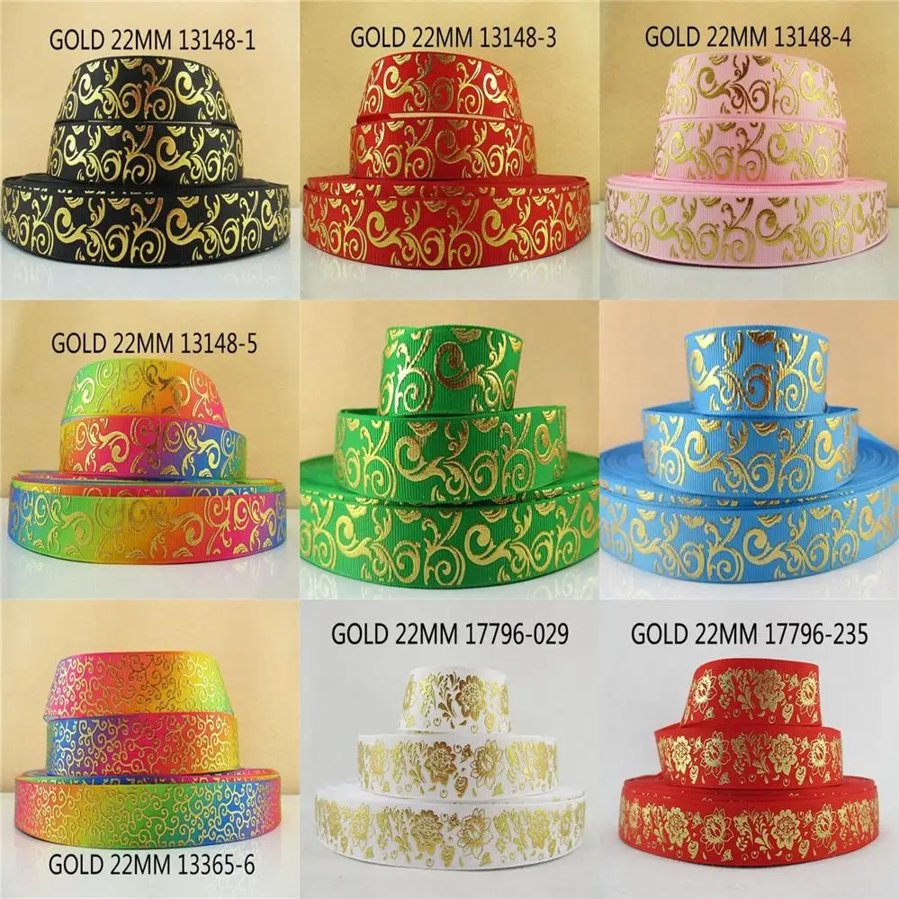 

50 Yards 7/8" 22mm Gold Foil Flower Swirls Printed Ribbon For DIY Gift Packaging Wedding Party Decoration Scrapbooking,50Yc182