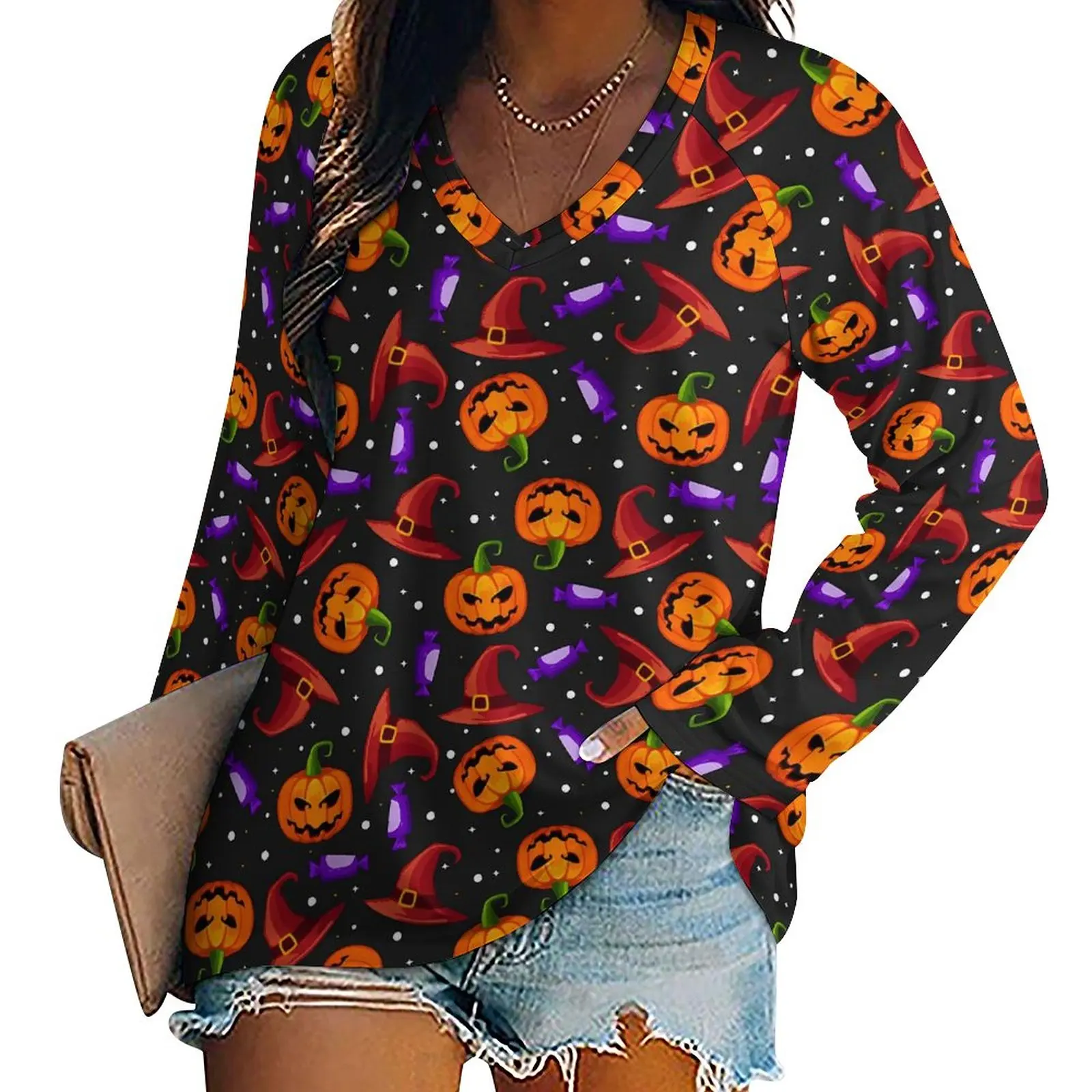 

Modern Pumpkin T-Shirts Halloween Print Vintage T-Shirt Women Long Sleeve Loose Tshirt Oversized V Neck Pattern Top Tees