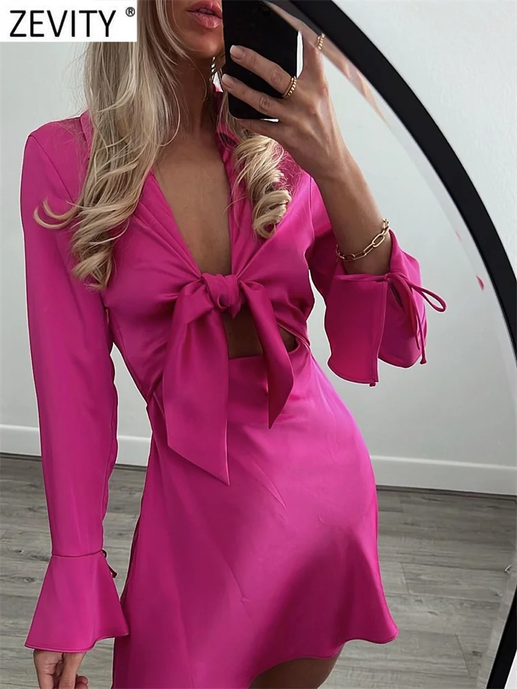 

Zevity Women Fashion Soft Touch Chest Bow Tied Hole Design A Line Mini Dress Lady Chic Flare Sleeve Party Vestidos Mujer DS9402