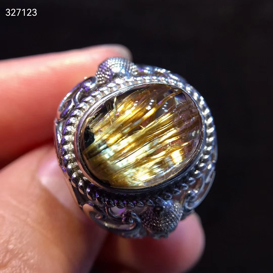 

Natural Gold Rutilated Quartz Adjustable Ring 925 Silver 14.2x11.1mm Women Men Oval Sphere Ball Beads AAAAAA Genuine