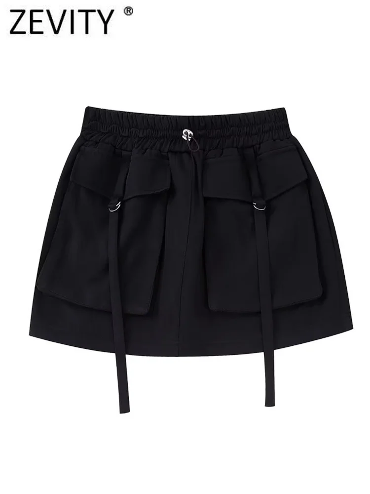 

Zevity 2022 Women Safari Style Big Pocket Patch Black Mini Skirt Faldas Mujer Female Chic Elastic Waist Casual Vestidos QUN2851