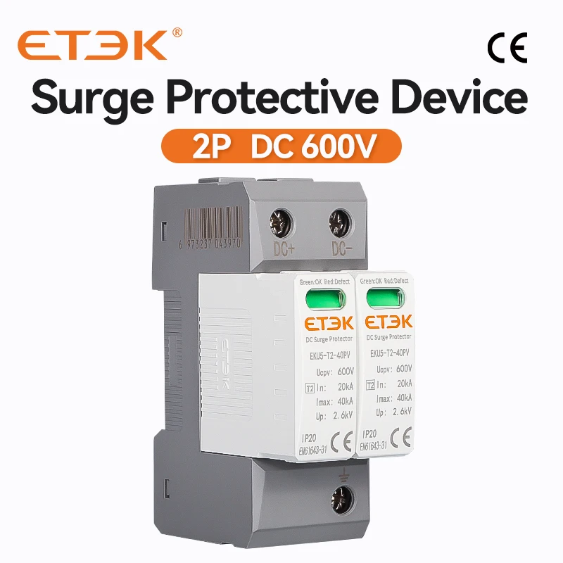 tipo do Dispositivo Protetor do Impulso da Casa de Etek pv Spd 2p dc 600v 2040ka Proteção da Baixa Tensão do Prendedor Eku5-t2-40pv2m600