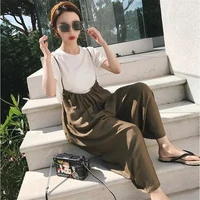 summer women 2022 new t shirts thin meat covering street temperament straps wide leg pants solid two piece casual loose set 2xl
