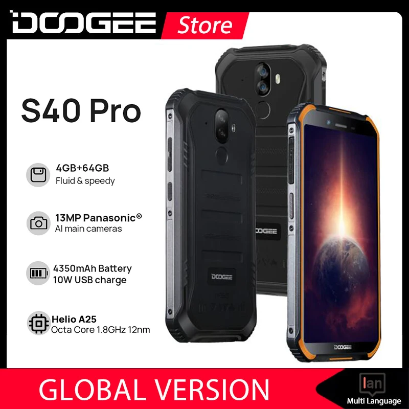 

DOOGEE S40 Pro Smartphones Rugged Mobile Phone IP68/IP69K Waterproof 4GB RAM 64GB ROM Helio A25 Octa-core Cell phones Android 10