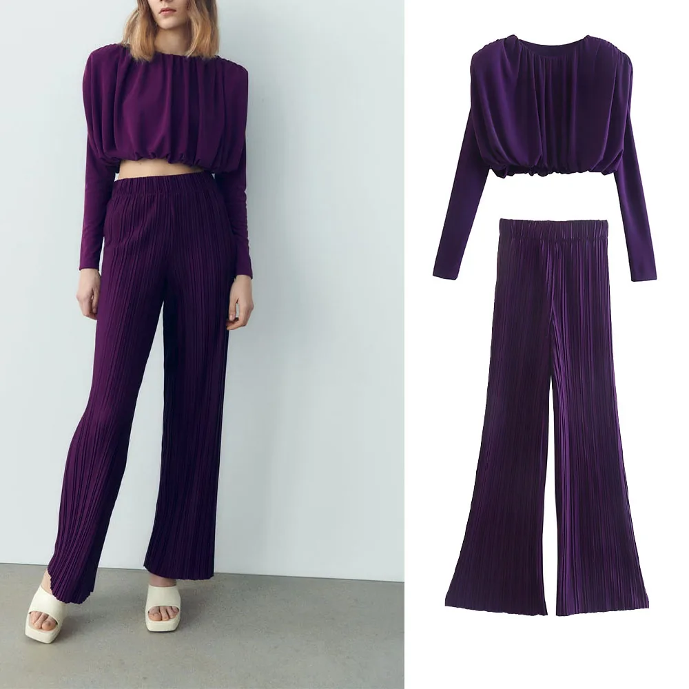 

2022 Women's New 2 Piece Trousers Set Women's Top Fashion Women's Basic Padded Shoulder Drape Top Long Sleeve Trousers Set