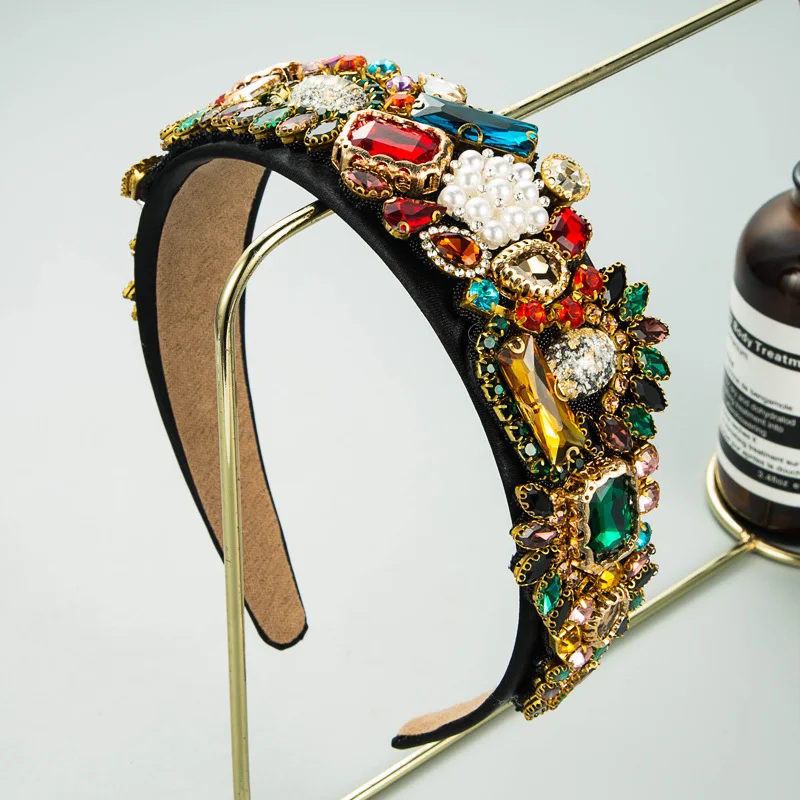 

Vintage Baroque Heavy Industry Inlaid Colorful Rhinestone Pearl Flower Headband Women's Fashion Wide-Brimmed Hair Accessories