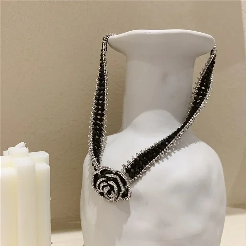 Ожерелье феи с черным кристаллом и цирконием жемчугом камелией для женщин кулон