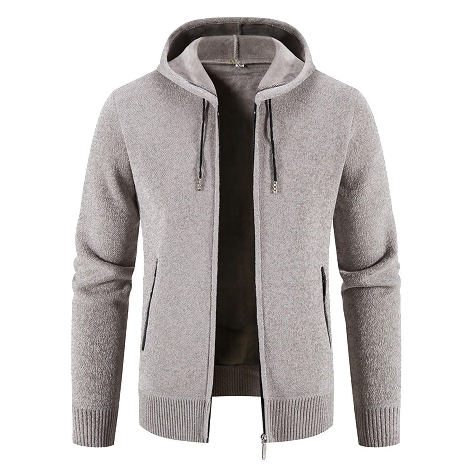 

Mens Autumn And Winter Solid Hooded Zipper Warm Cardigan Knitted Coat Warm Wool Coats for Men