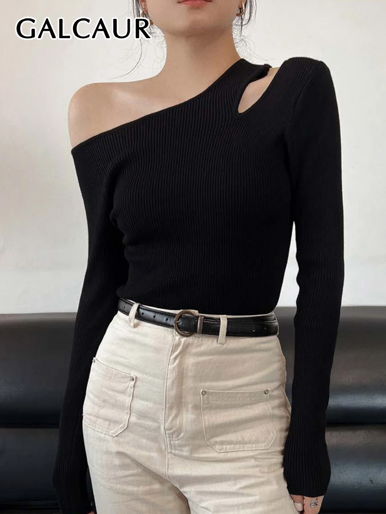 

GALCAUR Sexy Knitting Sweater For Women Diagonal Collar Long Sleeve Off One Shoulder Irregular Solid Slimming Sweaters Female
