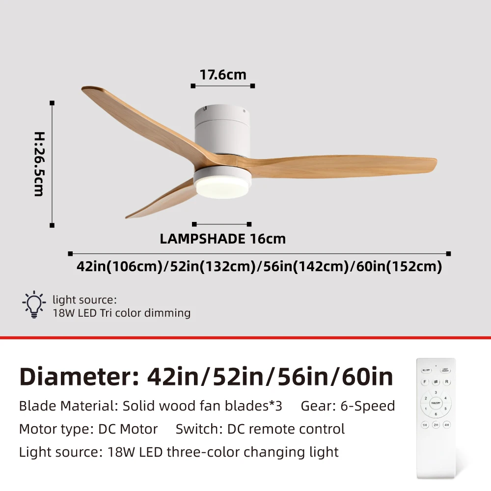 

FUMANJIA Потолочный вентилятор из цельного дерева 3-лопастной с LED 42/52/56/60 дюймов