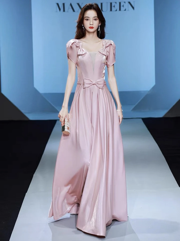 

Pink Cocktail Dresses Dubai Zipper Bow V Neck Puff Sleeve A Line Banquet Wedding Guest Party Elegant Gowns For Woman Plus Size