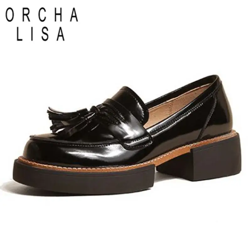 

ORCHA LISA Full Grain Genuine Leather Women Pumps Round Toe Mid Heel Tassel Slip On Loafers British Style Shoes Black S3767
