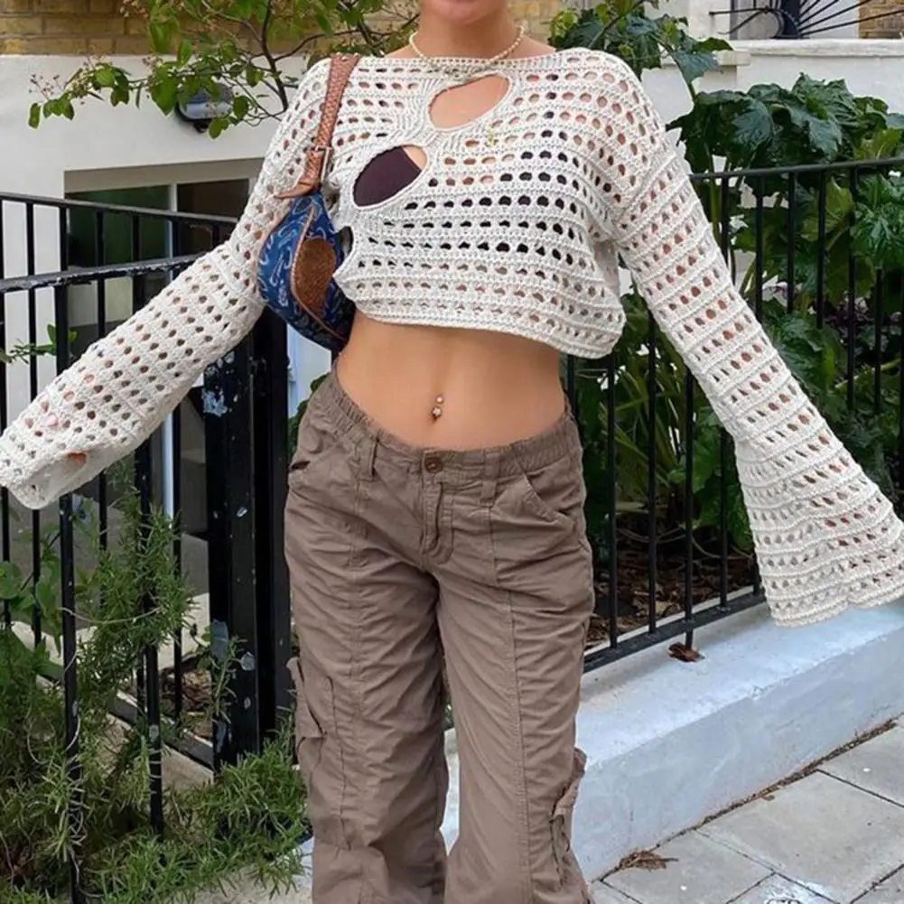 

Y2K Hollow Out Cropped Knit Smock Top Women Vintage Loose Distressed Crochet Pullovers Crop Tops Fairy Grunge Sweater Cover-up