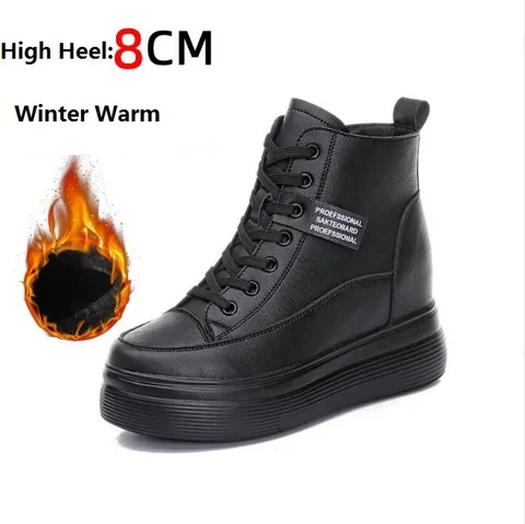 Женские кроссовки из натуральной кожи, на танкетке 8 см, сохраняющие тепло, модная зимняя обувь, черные, весна-осень