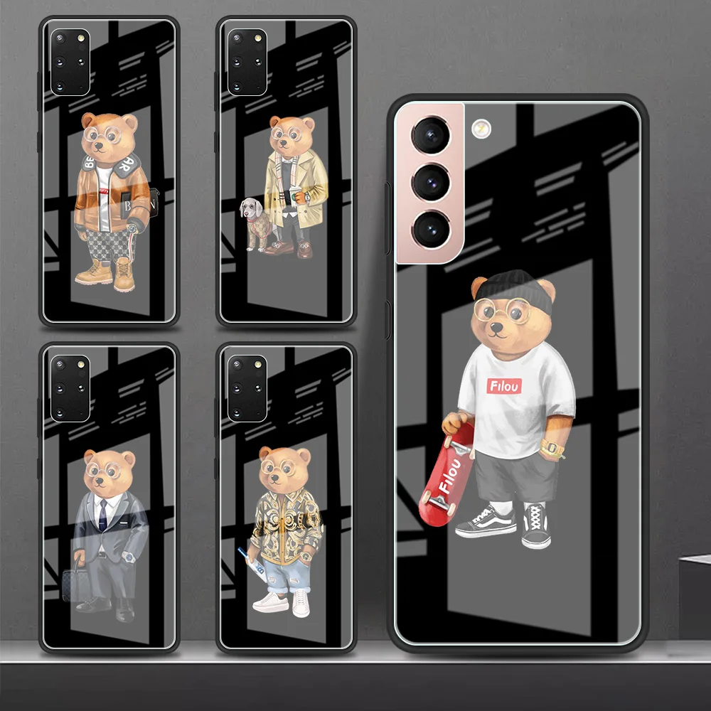 

Luxury Brand Bear Glass Case For Samsung Galaxy S22 S20 FE S21 Plus Phone Cover S10 5G S9 Note 20 Ultra 10 Lite Shell