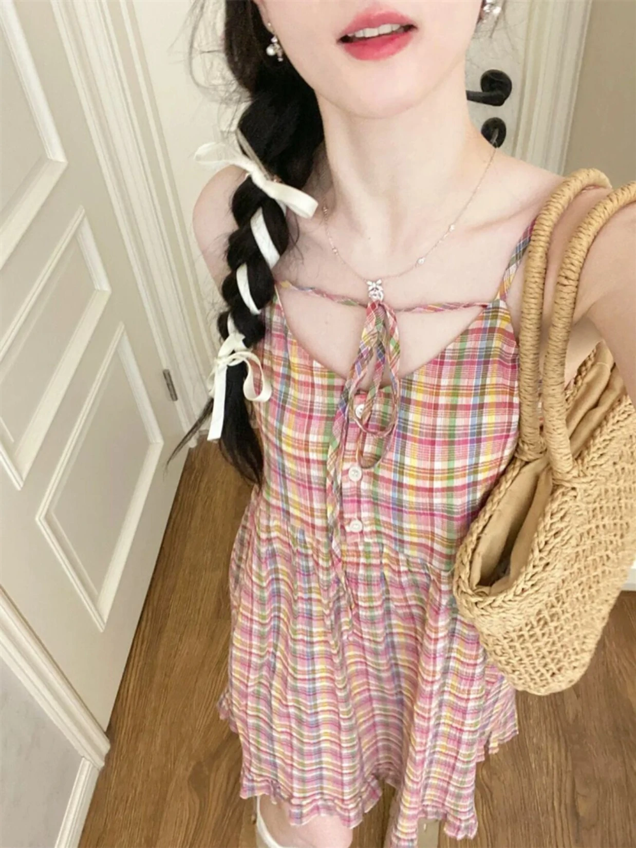 

Summer New V-Neck Cotton Plaid Sling Skirts For Women A-Line Loose Waist Sleeveless Comfortable Prairie Chic Casual Vestidos