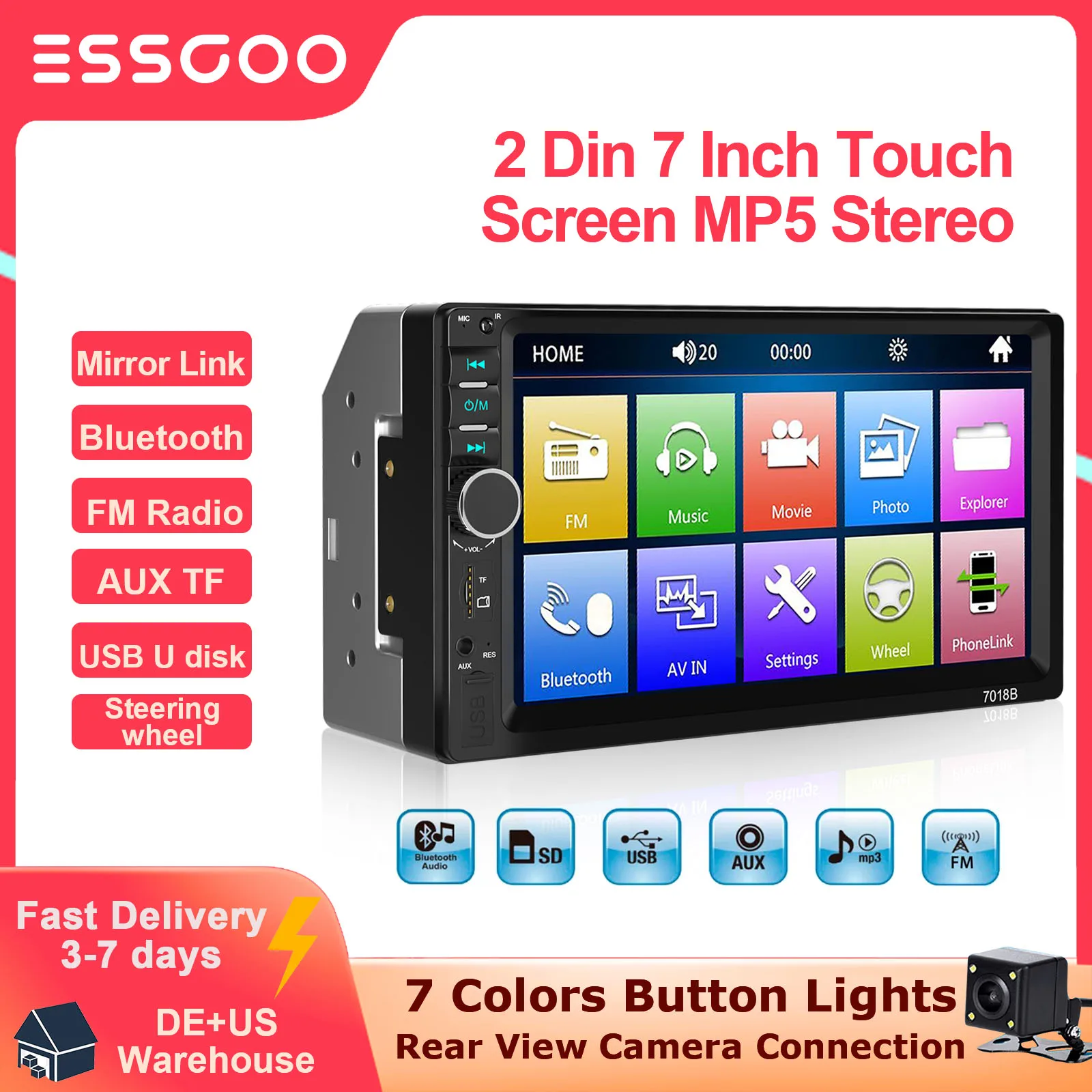 Автомагнитола ESSGOO, 2 Din, 7-дюймовый сенсорный экран, MP5, стерео, FM, Bluetooth, USB, AUX, Mirror Link, 7-цветная подсветка, мультимедийный плеер