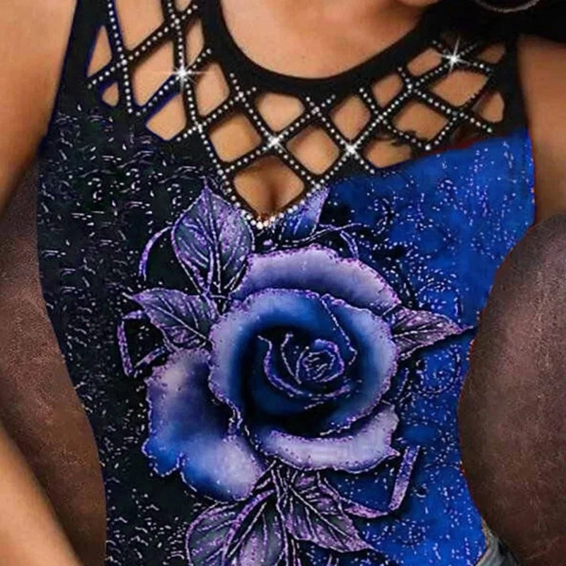 

Women's Vest Summer Rose Print Sexy Hollow Sleeveless Top Fashion Plus Size Casual Sleeveless T-shirt New 2022 Hot Sale