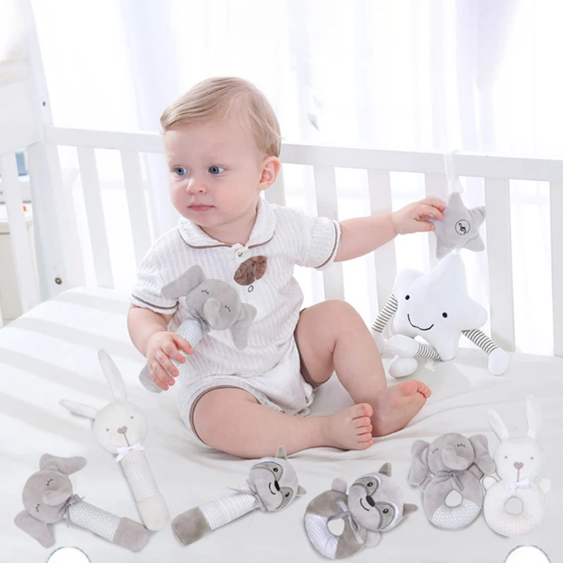 

Baby Toys Cartoon Animal Hand-cranking Bell Baby Sound BB Rod Hand-cranking Circle Plush Comforter Baby Rattles Toddler Toys