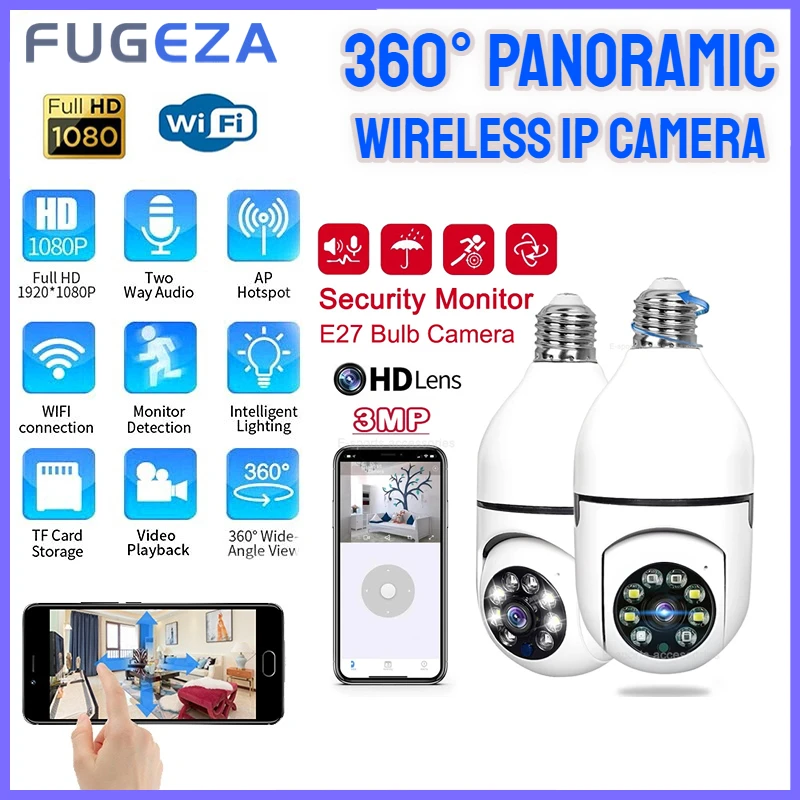 

Камера видеонаблюдения FUGEZA с лампочками E27, полноцветная автоматическая камера наблюдения с функцией ночного видения, с Wi-Fi, с функцией отслеживания людей, 1/2/3 Мп