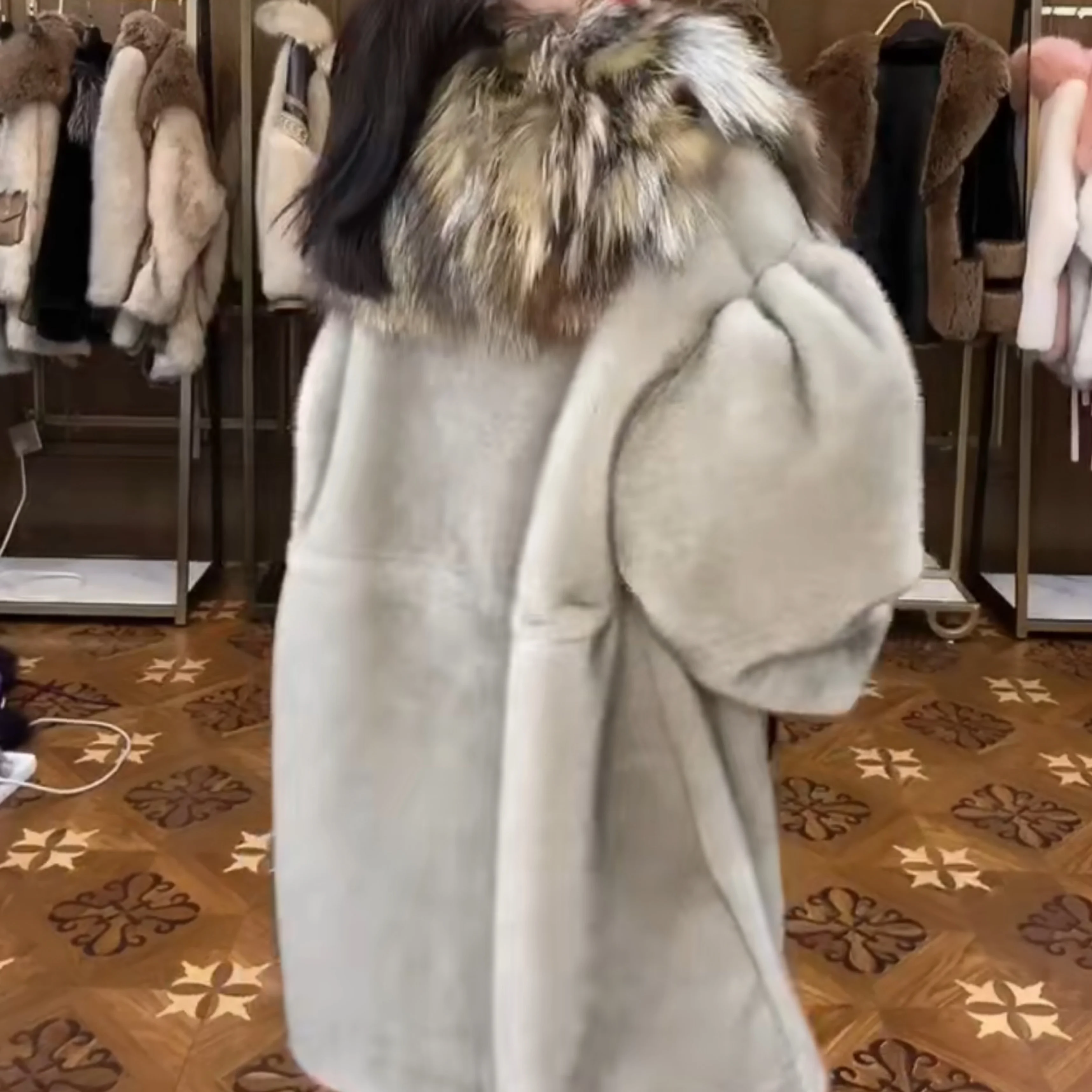 2022 Winter Clothes Fashion Fox Fur with Mink Fur Coats High-End Luxury Long Sleeve Women's Mid-Length Elegant Warm Fur Jacket