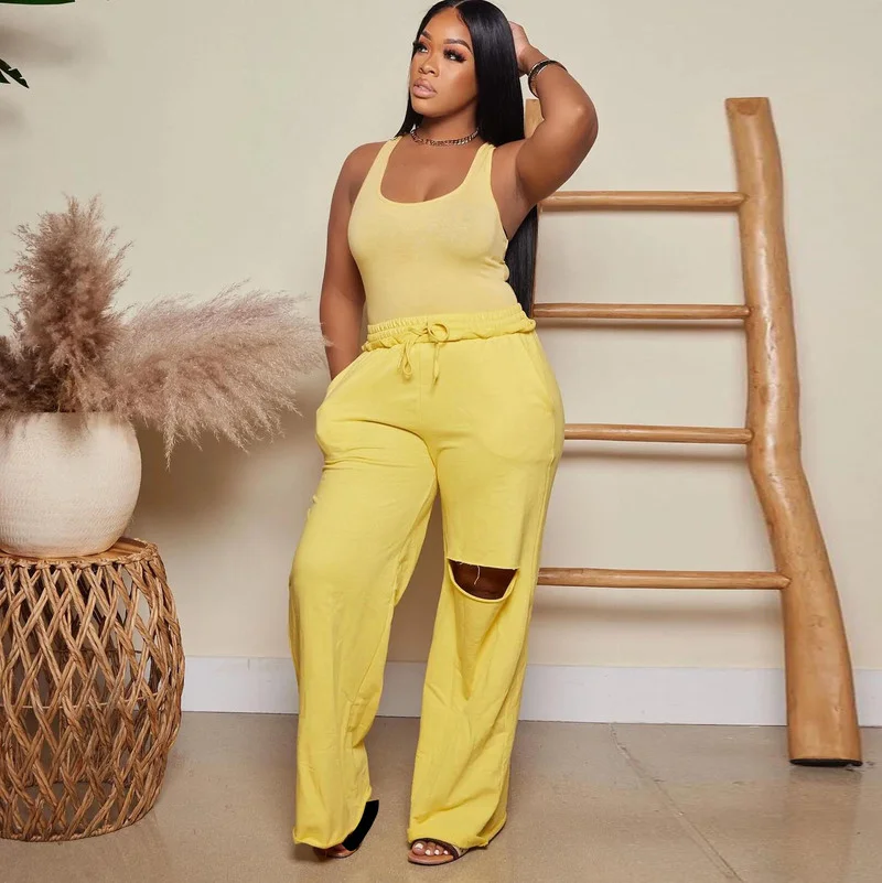 

Повседневные спортивные комплекты WUHE из двух предметов, Женские Элегантные Боди и брюки с вырезами и широкими штанинами, выходные подходящ...