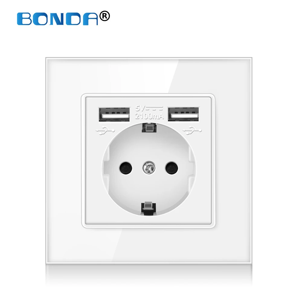 Wall Power Plug Socket EU with Usb Outlet Glass 2A Dual USB Charger Plug Wall Outlet 16A 2100ma Electrical Wall Power Sockets