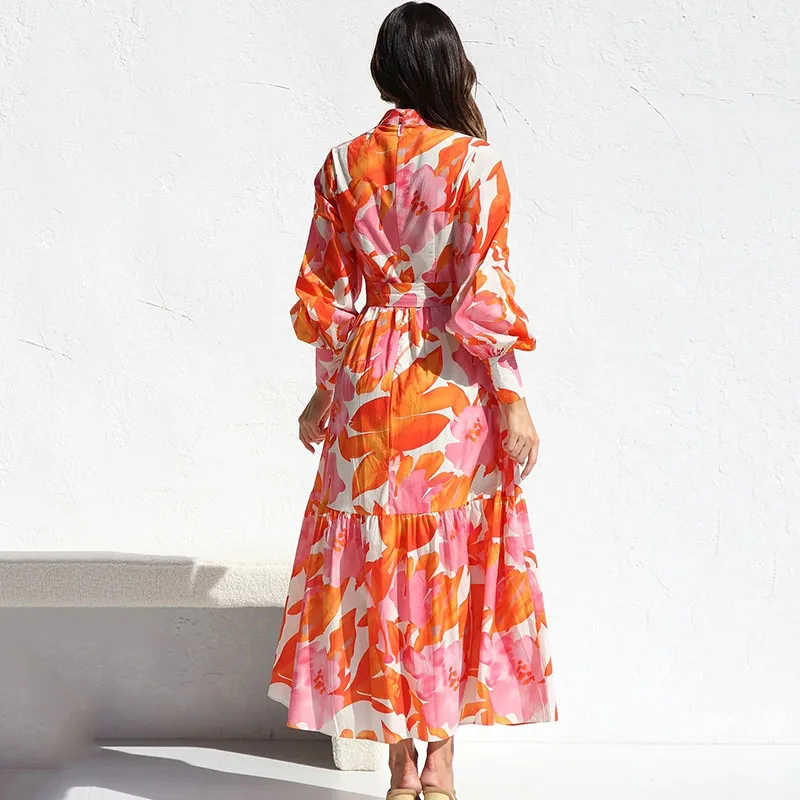 Женское ажурное платье-миди с цветочным принтом длинным рукавом и поясом