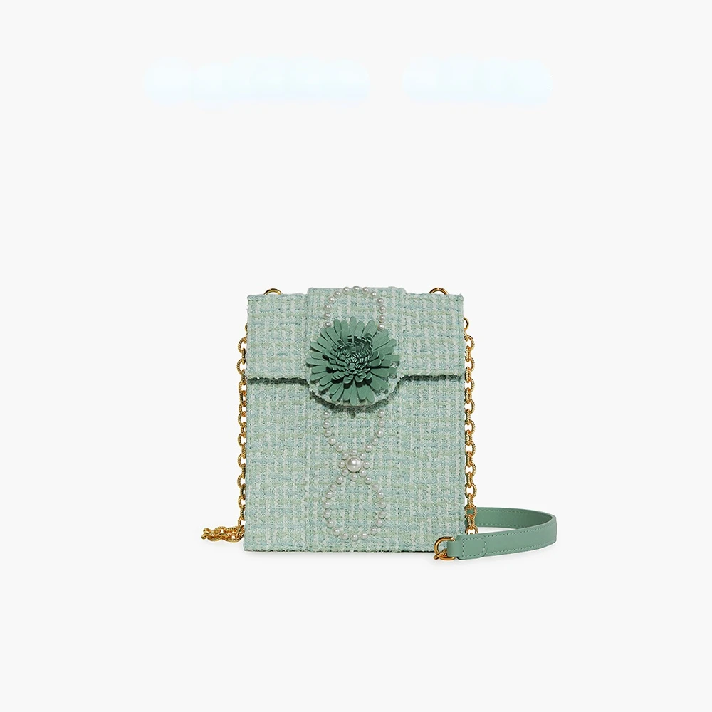 

New Green Mist Series Original Romantic Girl Pearl Flower Crossbody Portable Small Square Bag