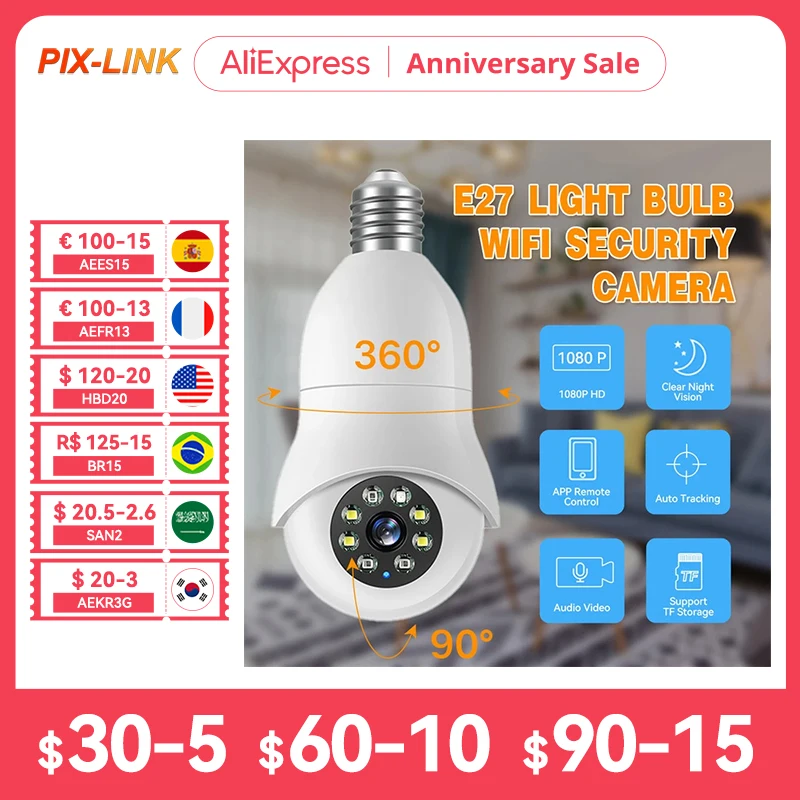 

Камера видеонаблюдения PIXLINK с Wi-Fi и функцией автослежения, E27, 1080P