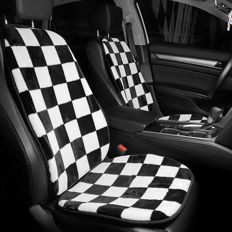 

Car Seat Winter Plush Interior Cushion Creative Chessboard Universal Lattice Warm Car Black and White Interior Decoration