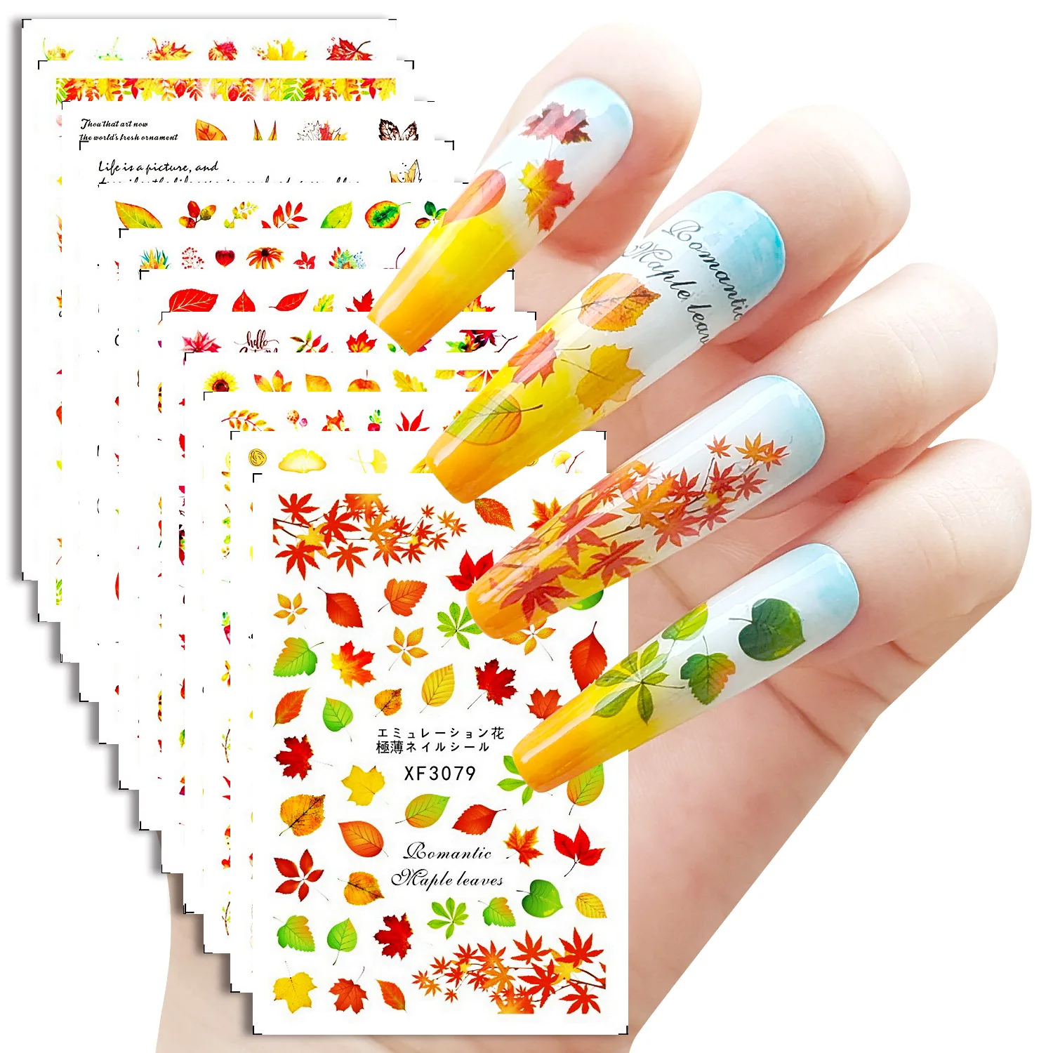 

12 Sheets Autumn Warm Yellow Red Maple Leaves Adhesive Nail Art Stickers Decals Manicure Accessories DIY Ornaments Set