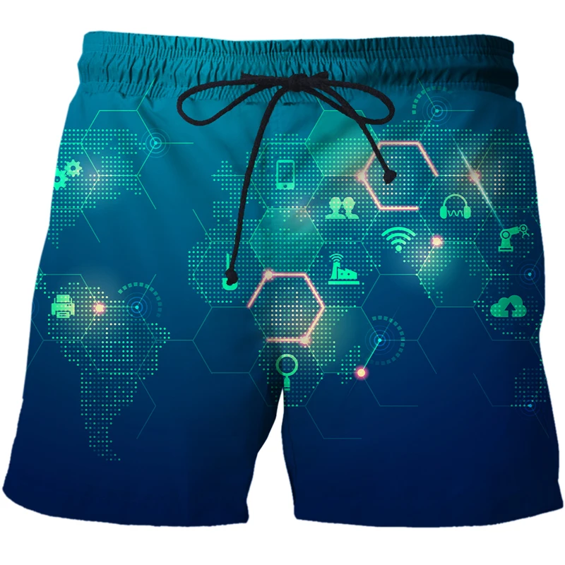 Mens Hipster AI technology data illustration Printed Summer Quick Dry Beach Board Shorts Streetwear Boardshorts Beachshorts Men