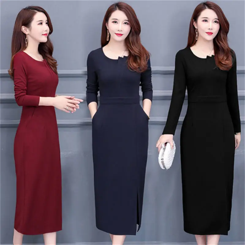

Женское платье в офисном стиле на раннюю весну, элегантное приталенное однотонное платье большого размера с круглым вырезом и длинным рукавом, T2065, 2023