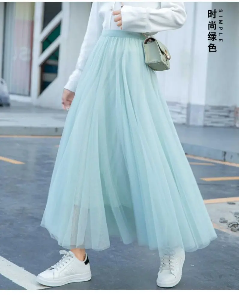 

Elegant Mint Green Tulle Skirt Autumn Winter Big Swing Women Skirt Korean Cute Pink Green Gray Blue Brown Black Long Skirt Tutu