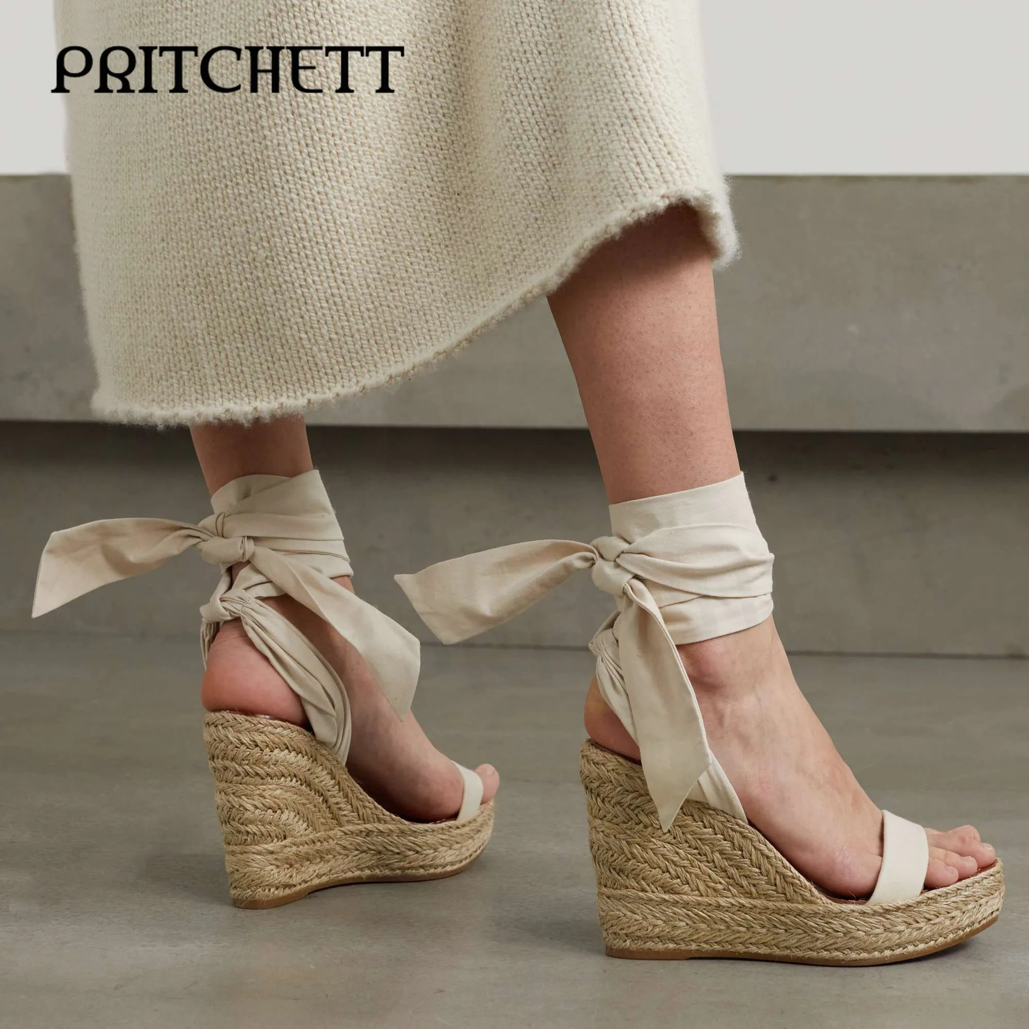 

White Cotton Canvas Espadrille Wedge Sandals Round Toe Wedge High Heel Sandals Temperament Comfortable Ankle Strap Women's Shoes