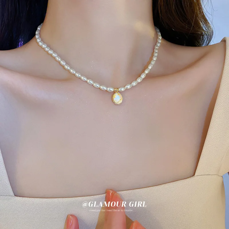 

Minar Stylish AB Color Heart Oval Square Pendant Necklaces for Women Imitation Pearl Beads Chain Choker Necklace Birthday Gift