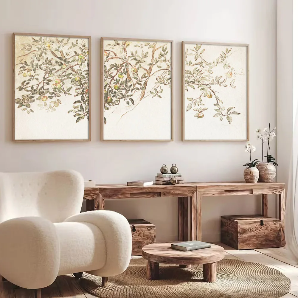 Набор из 3 холщовых постеров без рамки в стиле ретро яблоко деревья винтажная