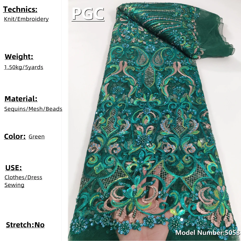 

PGC 2022 Latest Lace Fabric Dark Green Beaded Lace Fabrics Luxury French Sequins Lace Fabric for Bridal Materials 5058B