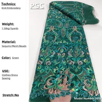 pgc 2022 latest lace fabric dark green beaded lace fabrics luxury french sequins lace fabric for bridal materials 5058b