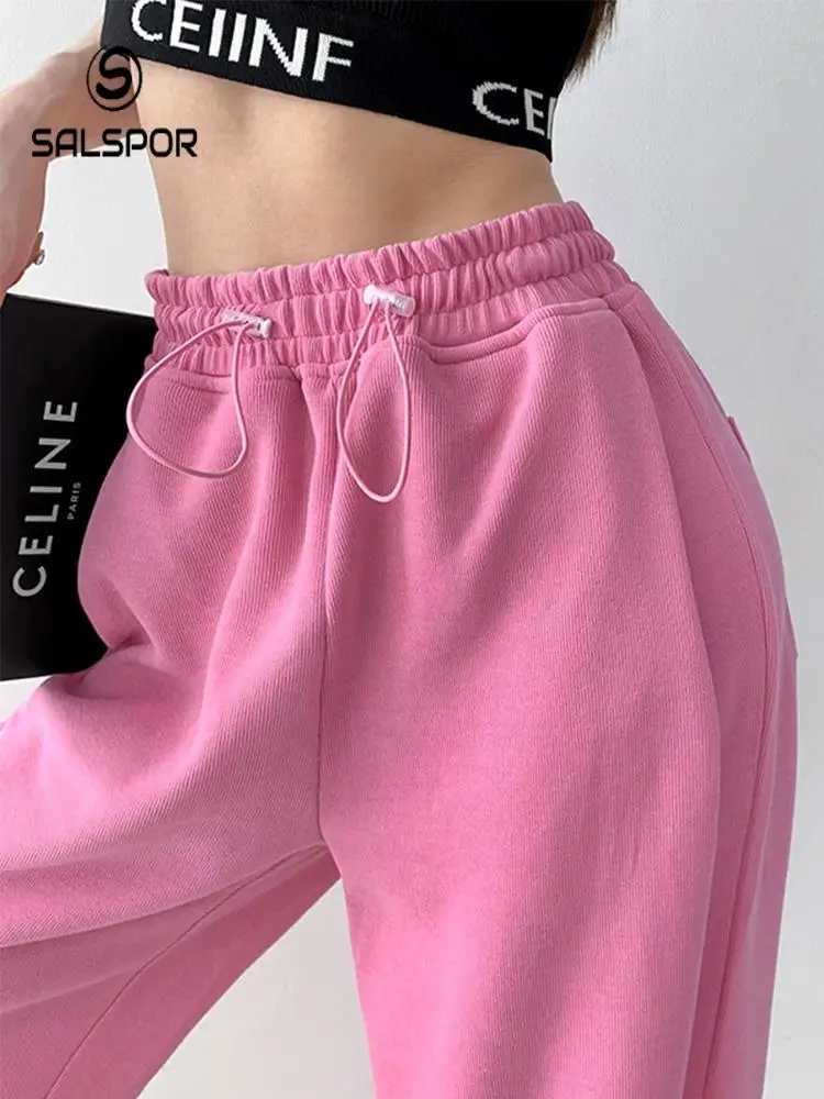 

SALSPOR Pink High Waist Drawstring Lounge Pants Casual Straight Sweatpants Streetwear Women Baggy Wide Leg Trousers Korean