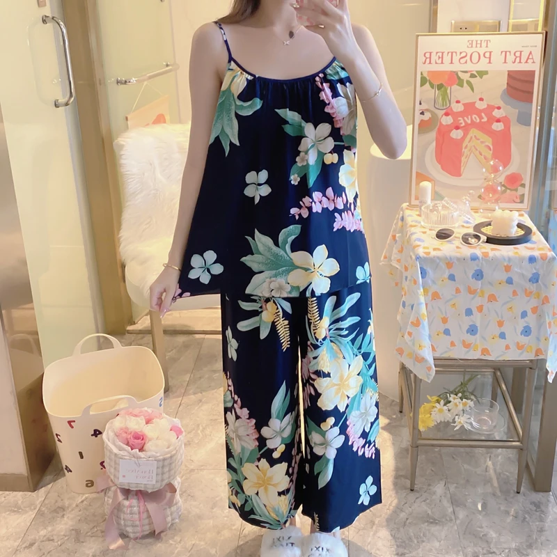 2pcs Women's Viscose Pajamas Sets New Summer Sleepwear for Women Lovely Home Spring Suspender Suits  Femalen Fashion Loungewear