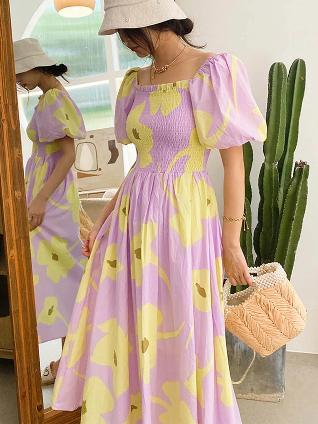 

Jastie Floral Print Puff Sleeve Elegant Midi Dress Women 2022 Summer Square Collar A-line Sweet Lady Vacation Long Dress Vestido