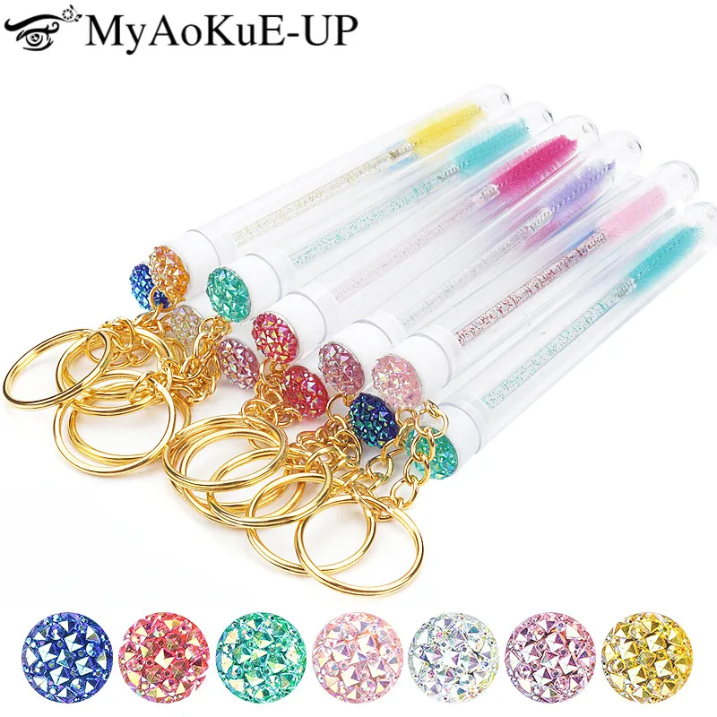 10/5Pcs Tube Eyelash Brush With Gold Keychain Glitter Mascara Wand For Lash Extension Clear Micro Comb Container Makeup Tool