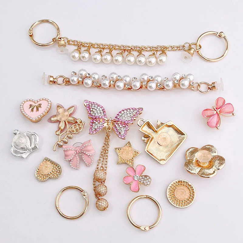Luxury Brand Design Croc Charms Bling Rhinestone Butterfly Metal Decoration for Clogs Pearl Chain Charm Pink Bow Accessory Gift